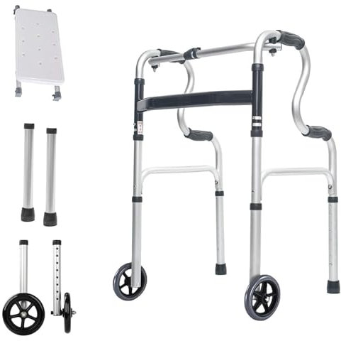 Vexorium Cadres de Marche verticaux, déambulateur Pliant avec Roues, déambulateur Debout, Portable, réglable en Hauteur, Alliage d'aluminium,with Seat Plate