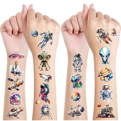 Weltraum Kinder Tattoo, 12 Blätter Temporäre Glitzer Kindertattoos, Tattoos Deko Kindergeburtstag, Geburtstag Party Geschenk Kleine, Hautfreundliche Temporäre