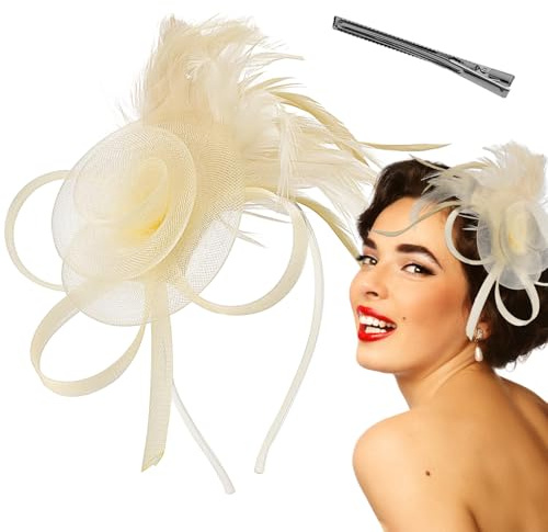 Ladies Fascinator Hat, Feather Mesh Flower Veil Wedding Bridal Shower Flower Headband Party Hat AscotHair Fascinators for Tea Party,Weddings, Races, Royal Ascot, Hair Piece(Champagne)