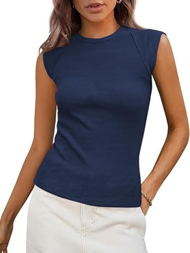 Sukiglam Camiseta Sin Mangas Mujer Verano Camisetas con Cuello Redondo Elegantes Slim Fit Ribbed Tank Tops Básica Casual Blusas Ajustado Camisola Shirt Color Sólido Chalecos Top para Oficina