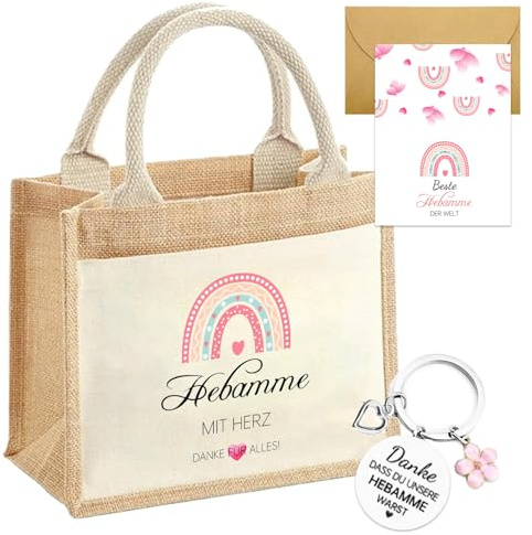 Scinzene Hebamme Geschenk Set - Jute Handtasche, Schlüsselanhänger, Dankeskarte mit Umschlag - Geschenk für Hebamme, Dankeschön für Hebamme, Abschiedsgeschenk Hebamme