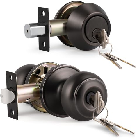KNOBWELL 1 Pack Keyed Alike Door Knob and Double Cylinder Deadbolt Set, Exterior Door Lock Set, Double Keyed Door Knob, Oil Rubbed Bronze Front Door Lock