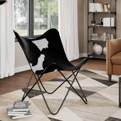 Makastle Butterfly Sessel Wohnzimmer, Fernsehsessel, Einzelsofa Sitzkomfort für Wohnzimmer Schlafzimmer, Schwarz und Weiß Echtes Kuhfell