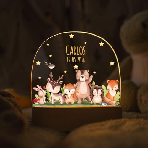 GRAVURZEILE Personalisiertes LED Nachtlicht für Kinder - Tiergruppe Waldtiere - Personalisiert mit Namen & Datum - Tischlampe für Baby - Geschenk zur Geburt, Taufe & Geburtstag für Jungen & Mädchen