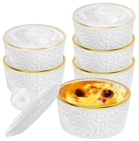 6 Sets Ramekins Oven Safe with Lids, 8 OZ Creme Brulee Ramekins Embossed Flora White Ceramic Ramekin Baking Dish for Souffle Custard Dips Soup Small Bowls for Dessert Appetizers Meal Prep Thanksgiving Christmas Gift