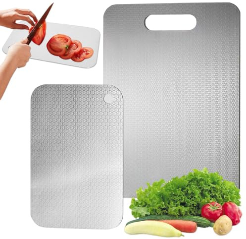 2 Pezzi Tagliere in Acciaio Inox, Taglieri in Titanio, Doppio Lato per Alimenti, Tagliere Cucina per Uso per Carne, Frutta, Verdura(34 x 23cm+24 x 15cm)