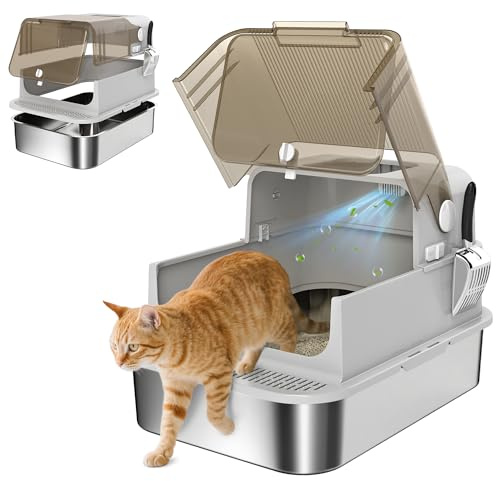 PawHut Katzenklo XXL Edelstahl mit Deckel 52L für große Katzen Grau | Katzentoilette für Mehrere Katzen, mit Doppeltüren, Schaufel, Hoher Ränder, Leicht zu Reinigen, Anti-Leck, Geruchsresistent