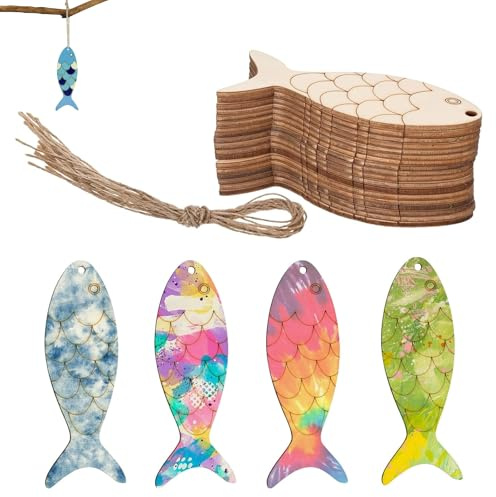 30 pezzi ritagli decorativi pesce in legno naturale per decorazioni fai-da-te artigianato creativo con fori sospensione e corda in juta