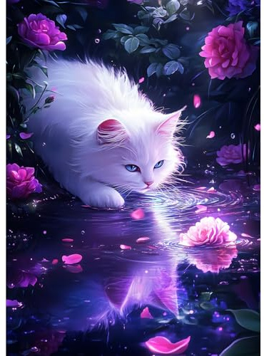 DPHERO DIY Weiße Katze Diamant Painting Kits Bilder für Erwachsene Anfänger,5D Spiegelung Diamond Painting Set,DIY Runde Steine Diamant Kunst Kits,Traumland Diamond Art für Zuhause Dekor 30x40 cm