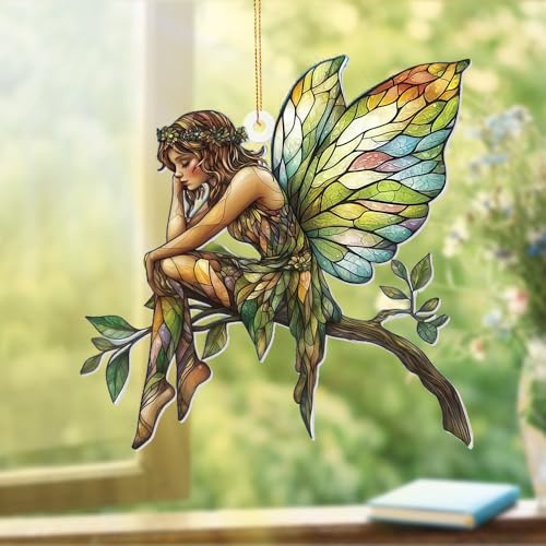 Stained Glass Fairy Ornament – Acrylic Suncatcher Window Hanging, Woodland Fantasy Decor, Christmas Tree Ornament 2026, Car Rearview Mirror Charm, Gift for Fairy Lovers, Women, Girls, Teachers(Sun-10)