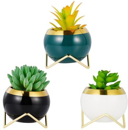 Lot de 3 pots décoratifs en céramique avec supports en métal pour plantes grasses, cactus et petites plantes
