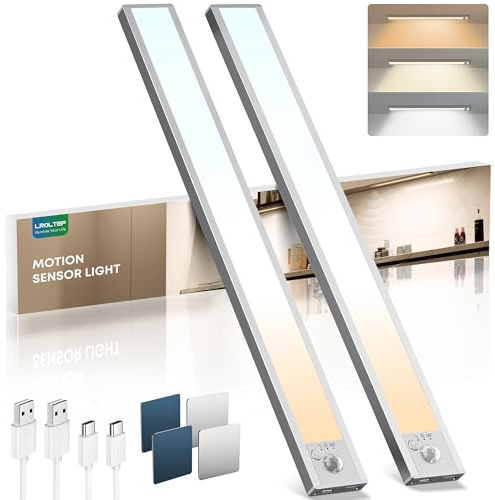 LROLTEF Schrankbeleuchtung Led Lampe mit Bewegungsmelder 50cm 2 Stück | 3000mAh 3 Farbtemperaturen Unterbauleuchte Schranklicht mit Motion Sensor, Dimmbar Aufladbar Magnetische Vitrinenbeleuchtung