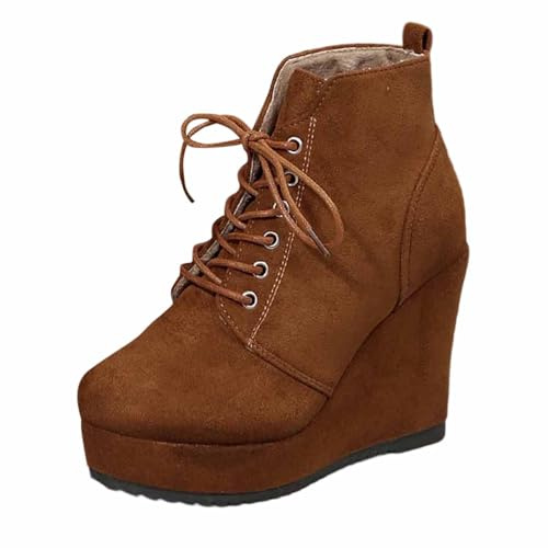 MODSGUE Mujer Tacón Alto Tacón Cuña Plataforma Plataforma Puntera Redonda Vintage Invierno Botines con Cordones Cremallera Vestido Clásico, marrón, 38 EU