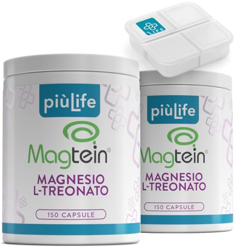 Magnesio Treonato Magtein PiùLife – 2000 mg (di cui 164 mg Magnesio Puro Elementare) – Integratore Memoria e Concentrazione – 300 Capsule – Magnesium L-Threonate Gluten & Lactose Free