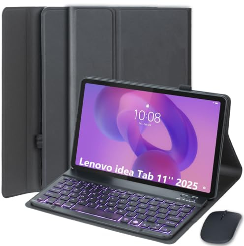EHLCYS Custodia con Tastiera per Lenovo Idea Tab 11 Pollici 2025 (TB-336ZU/TB-336FU), Layout Italiano Tastiera Bluetooth Staccabile Retroilluminata 7 Colori, Cover Ultrasottile con Mouse,Nero