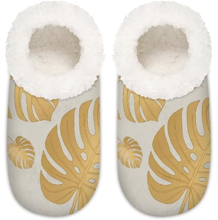 Chintiz Pantoufles douces et confortables pour femme et homme - Monstera tropical doré - Antidérapantes - Dos fermé - Pour l'hiver, la chambre à coucher, l'intérieur et l'extérieur, Monstera tropical