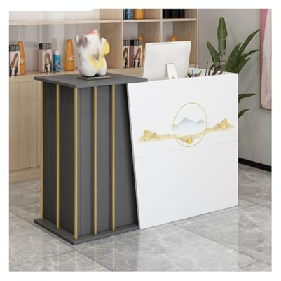 GLDWEY Büro Empfangstresen Holz – Rezeption Schreibtisch mit Tastaturauszug, Professionelle Rezeptionstheke für Unternehmen & Hotel(Off-White Print,100cm/39.37in)