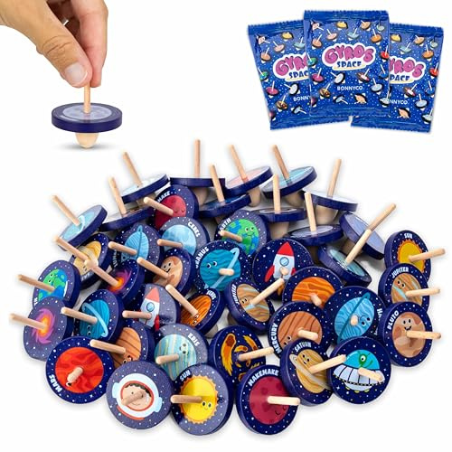 BONNYCO Kreisel für Kinder Stück 40 Weltraum Mitgebsel Kindergeburtstag Gastgeschenke. Kleine Geschenke für Kinder, Mitbringsel Kindergeburtstag. Mitgebsel Set, Give Aways. Pinata Füllung Kreisel Holz