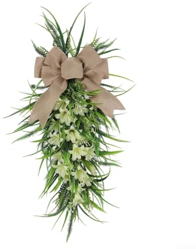 Corona de lirio de Pascua, 60 x 30 cm, plástico verde, lazo de perlas de lágrima, decoración floral de primavera, acento de temporada para el hogar para entrada delantera