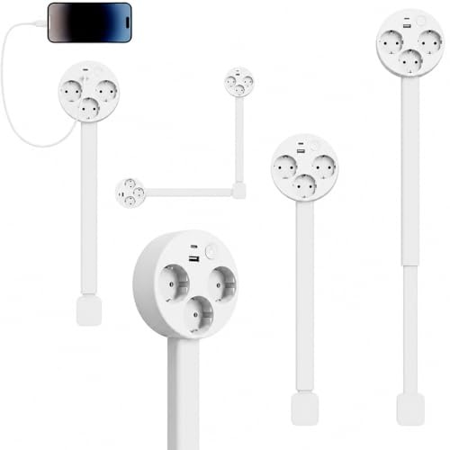 Ausziehbare Verlängerung 45-70cm – 3-Fach Steckdose mit USB-C/A | 180° schwenkbare Steckdosenleiste für schwer erreichbare Steckdosen | Erweiterbar & drehbar für Büro, Küche & Wohnzimmer