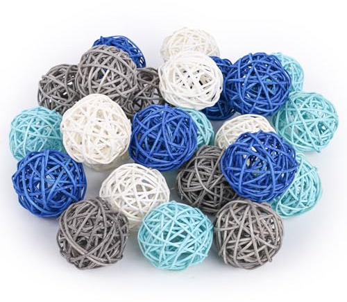 DomeStar 24PCS Blue Decorative Balls for Bowl Centerpiece, 2 Inch Rattan Balls Bowl Fillers Decor - Wicker Twig Orbs Spheres, Wedding Home Vase Table Decor
