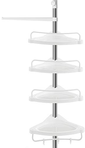 SONGMICS Duschregal höhenverstellbar, Eckregal fürs Badezimmer, Badregal, 95-300 cm, Boden bis Decke, Edelstahl, 4 Ablagen, 3 Haken, 1 Handtuchhalter, weiß-silbern BCB02SW
