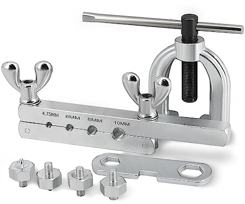 Flexzion DIN/ISO Bubble Flare Brake Line Flaring Tool Kit with 4.75 (CNF-3), 6 (CNF-4), 8, 10mm Adapters Dies Metric European Automotive Copper Steel Aluminum Fuel Hydraulic Tubing Fitting Set w/Case