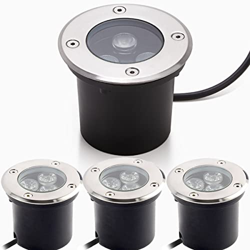 Dailyart 4 Faretti da Pavimento, Faretto da Pavimento da Incasso 3W 230V AC IP65 270lm Faretti a Incasso LED da Segnapasso esterno lampada da terra, acciaio inox rotondo caldo Bianco