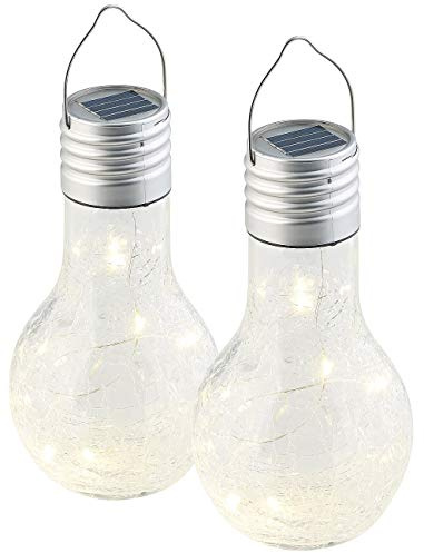 Lunartec LED Akku Lampe: 2er-Set Deko-LED-Glühbirne im Crackle-Glas-Design, Solar-Sensor (Solarlampe Glühbirne, Solar Retro, aussen)