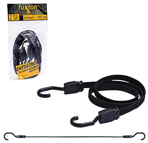 fuxton 2er Set Spanngummi kurz, flach mit Haken 100cm schwarz (Spanngurt, Gepäckgurt, Gummiband) für Gepäckträger, Fahrrad Träger, Rucksack, Auto, Camping und Motorrad
