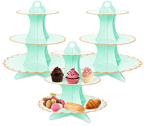 Set di 3 piatti da dessert a 3 ripiani, mini torte alla frutta, torre di biscotti, alzata porta buffet per dolci, in cartone, con supporto a ripiani (verde)