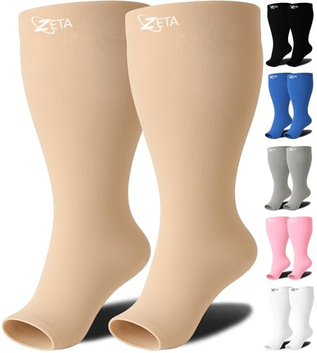 Zeta Wear Kompressionsstrumpor med Öppen Tå Breda Vader Stora Storlekar för Dam & Herr Beige 2XL, Utan Tå 15-19 mmHg, XXL-6XL