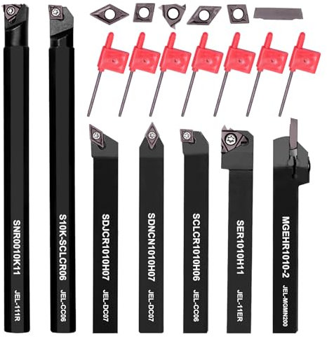 Lathe Turning Tool Set, 10mm Shank 7 Pieces Carbide Turning Tool, Metal Lathe Tools Holder for Turning Grooving Threading, Carbide Inserts Turning Insert, Woodturning Power Lathe Accessories