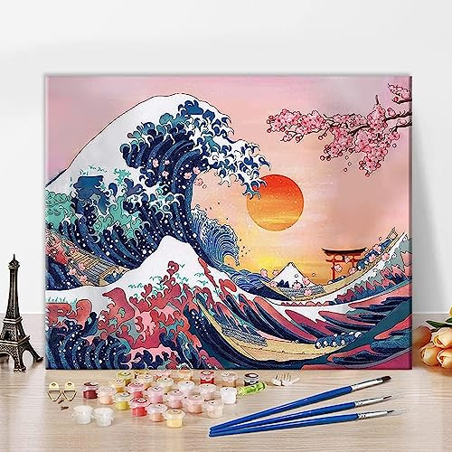 TISHIRON Gör-det-själv måla efter siffror Ocean Kanagawa vågor solnedgång stor våg med färgborstar och akrylmålningskit 40 x 50 cm för barn och vuxna nybörjargåvor utan ram