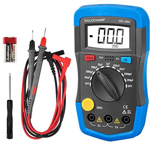 GOLDCHAMP Misuratore di capacità digitale, tester di condensatore, strumento di misurazione 200pF-20mF, con retroilluminazione LCD, display max. 1999