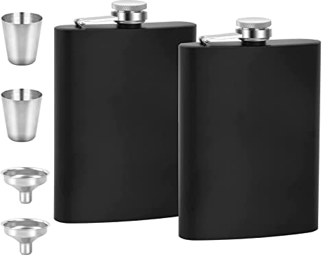 2 Pcs Hip Flask Set, 8oz Stainless Steel Pocket Whiskey Flask, with 2 Small Cups and 2 Funnels, for Camping, Hiking, Barbecue, Black