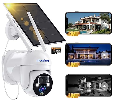 4MP Überwachungskamera Aussen Solar mit 32GB TF Karte, nicezing Überwachungskamera Aussen Akku, 360° PTZ WLAN IP Kamera Outdoor, 4MP Farbnachtsicht, Menschenerkennung, Sirene Alarm, IP66