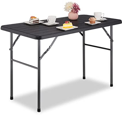 Relaxdays Mesa Jardín, Efecto Madera, Rectangular, 74 x 118 x 60 cm, Plástico, Metal, Tablero Terraza Plegable, Negro