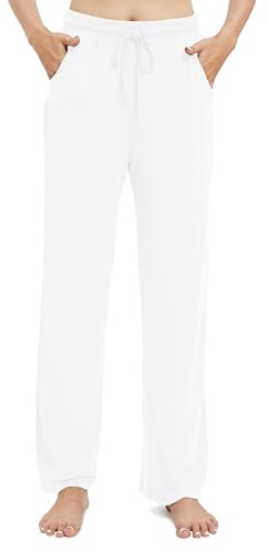 EXCHIC Dam dragsko casual byxor stretch hög midja lösa raka ben byxor joggingbyxor med fickor, Vitt, L