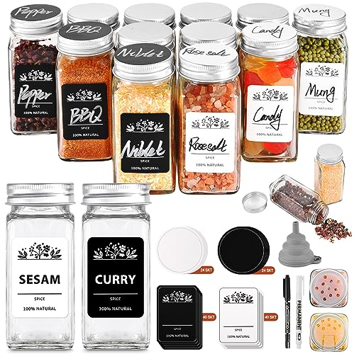 FNLLC Gewürzgläser Eckig mit Streueinsatz 12er Set,Gewürzdosen 120ml Gewürz Organizer - Gewürzstreuer Set - Gewürzbehälter Glas für Gewürzregal mit Bedruckte Etiketten - Gewürzglas Spice Jars