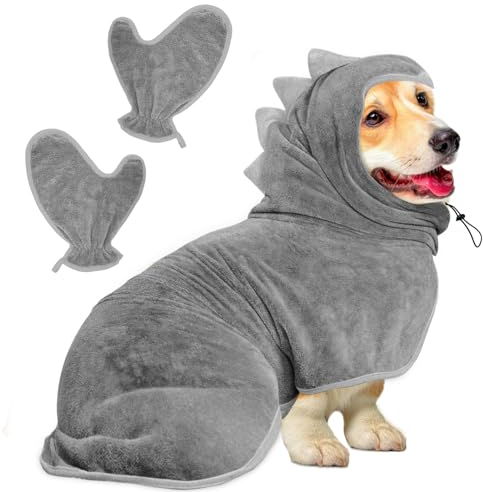 Bibykivn Bademantel für Hunde, Hundebademantel Aus Mikrofaser, Verstellbares Halsband Mit Klettverschluss Schnell Trocknend Badetuch für Große Mittelgroße Kleine Hunde/Katze (Grau, M)