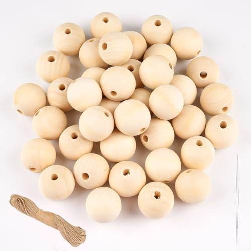 30mm Holzkugeln mit Loch, 42 Stück Holzperlen zum Auffädeln, Runde Holzperlen Natur, Unbehandelte Perlen Holz mit Bastelseilen für basteln DIY Schmuck Armband Halskette (NATURAL, 30MM)