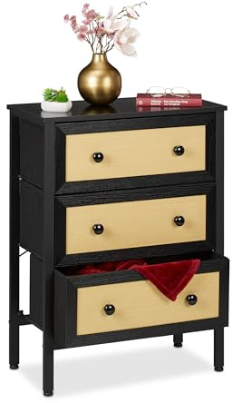 Relaxdays Kommode, HxBxT: 82,5 x 62 x 30 cm, 3 Schubladen, Sideboard Stoff & Stahl, Schubladenschrank, schwarz/beige