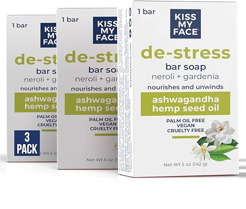 Kiss My Face De-Stress Bar Soap, With Ashwagandha and Hemp Seed Oil, Nourishes and Uplifts, Bar Soaps for Hands and Body, Cruelty Free and Palm Oil Free, Neroli and Gardenia Scents, Pack of 3