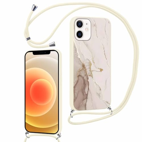 ZhuoFan Handykette für iPhone 12 Pro/iPhone 12 Hülle mit Band, Aesthetic Weisser Marmor Muster Verstellbarer Halskette Handyhülle mit Kordel zum umhängen Silikon Stoßfest Schutzhülle mit Kette, 07