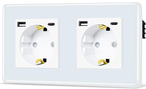 TAWOIA Schuko Steckdose Mit 20W(MAX 4A) USB Schnelllade Schnittstelle, EU-Standard 2 Fach Unterputz Mit 2,5D Gebogenes Glas Platte, Wandsteckdosen Weiß 86 * 157mm