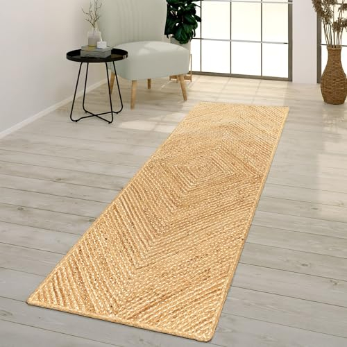 TT Home Wohnzimmer Teppich Jute Naturfaser Handgearbeitet Sisal Boho Stil Geometrisch, Farbe:Beige Braun, Größe:60x100 cm