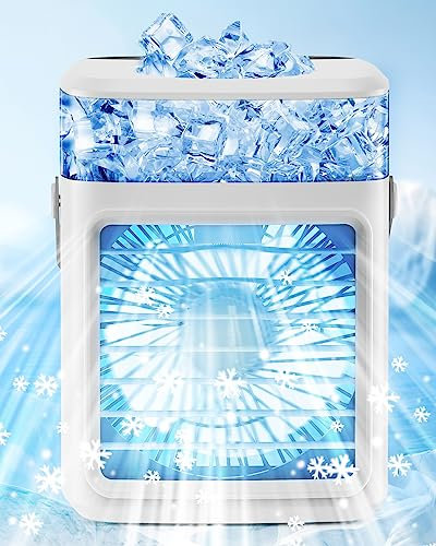 Ventilateur de climatisation portable, mini ventilateur USB de refroidissement instantané, silencieux, 3 vitesses, refroidisseur d'air personnel avec minuterie, mini climatiseur rechargeable de 450 ml