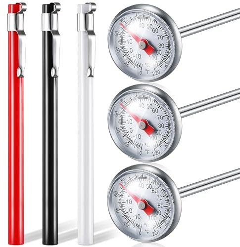 Xuhal 3 Pcs Stainless Steel Kitchen Thermometer with 5 Inch Long Stem 1 Inch Dial Thermometer Milk Frothing Food for Oven Probe Meat Grill BBQ Cooking Chocolate Water (Red,Black,White)