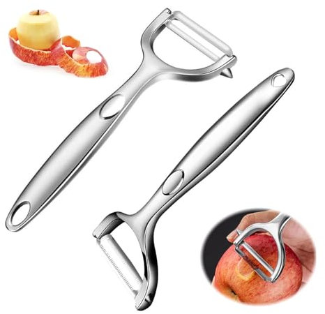 XoeLLe 2 Pièces Eplucheur Légumes, Eplucheur Pomme de Terre, Acier Inoxydable Epluche Pomme avec Lame Dentelée, Double Tranchant, Epluche Legume, pour Pommes de Terre, Carottes, Concombres, Tomates